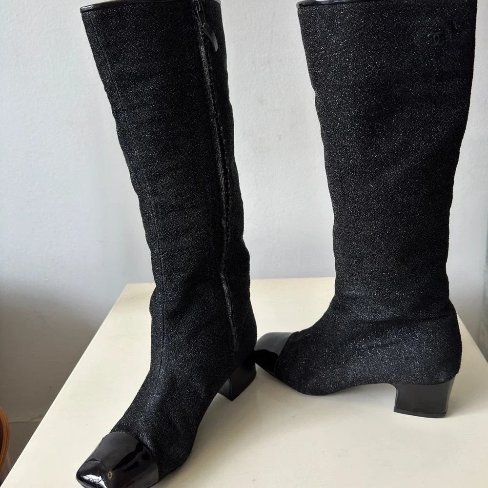 CHANEL Fall 2017 Runway Black Sparkle High Boots Size 37